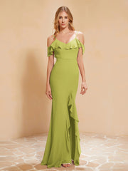 Rüschen V-Ausschnitt Flatterärmel Meerjungfrau Chiffon Kleid Klee