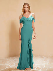 Rüschen V-Ausschnitt Flatterärmel Meerjungfrau Chiffon Kleid Jade