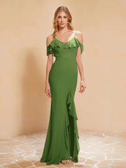Rüschen V-Ausschnitt Flatterärmel Meerjungfrau Chiffon Kleid Moos