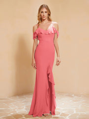 Rüschen V-Ausschnitt Flatterärmel Meerjungfrau Chiffon Kleid Wassermelone