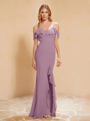 Rüschen V-Ausschnitt Flatterärmel Meerjungfrau Chiffon Kleid Blauregen