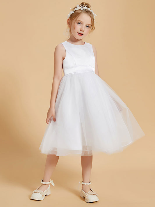 Moderne Blumenmädchenkleid mit Rundhalsausschnitt Satin und Tüll in Knielänge