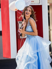 Ärmellos V-Ausschnitt Tüll Ballkleid Himmelblau Übergröße