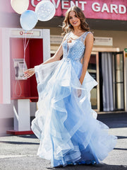 Ärmellos V-Ausschnitt Tüll Ballkleid Himmelblau