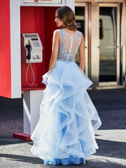 Ärmellos V-Ausschnitt Tüll Ballkleid Himmelblau