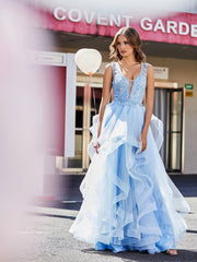 Ärmellos V-Ausschnitt Tüll Ballkleid Himmelblau