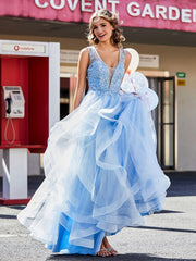 Ärmellos V-Ausschnitt Tüll Ballkleid Himmelblau