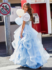 Ärmellos V-Ausschnitt Tüll Ballkleid Himmelblau Übergröße