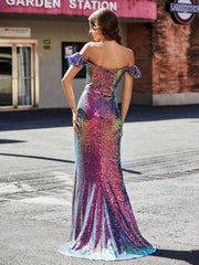 Schulterfrei Hoher Schlitz Lang Pailletten Kleid Traube
