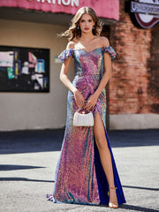 Schulterfrei Hoher Schlitz Lang Pailletten Kleid Traube