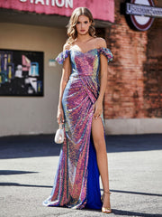Schulterfrei Hoher Schlitz Lang Pailletten Kleid Traube