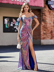 Schulterfrei Hoher Schlitz Lang Pailletten Kleid Traube