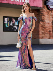 Schulterfrei Hoher Schlitz Lang Pailletten Kleid Traube