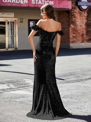 Schulterfrei Hoher Schlitz Lang Pailletten Kleid Schwarz