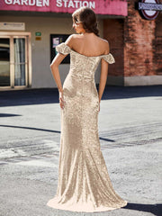 Schulterfrei Hoher Schlitz Lang Pailletten Kleid Champagner