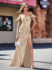 Schulterfrei Hoher Schlitz Lang Pailletten Kleid Champagner