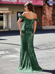 Schulterfrei Hoher Schlitz Lang Pailletten Kleid Dunkelgrün