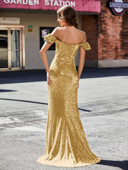 Schulterfrei Hoher Schlitz Lang Pailletten Kleid Gold