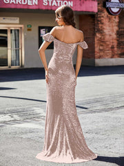 Schulterfrei Hoher Schlitz Lang Pailletten Kleid Metallisches Gold