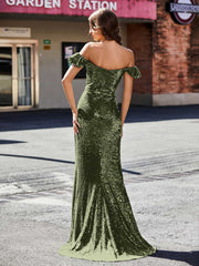 Schulterfrei Hoher Schlitz Lang Pailletten Kleid Olivgrün