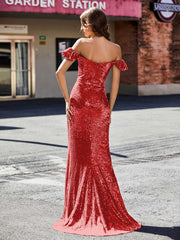 Schulterfrei Hoher Schlitz Lang Pailletten Kleid Rot