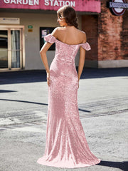 Schulterfrei Hoher Schlitz Lang Pailletten Kleid Roségold