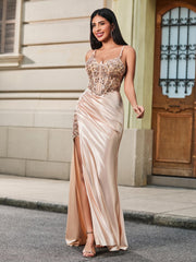Pailletten Applikationen Korsett Maxi Kleid Champagner