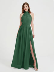 High Neck Chiffon Kleider mit Schlitz und Schleife Schärpe Dunkelgrün