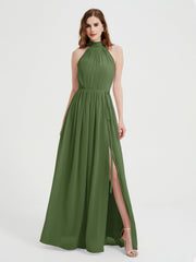 High Neck Chiffon Kleider mit Schlitz und Schleife Schärpe Moos