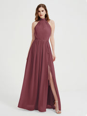 High Neck Chiffon Kleider mit Schlitz und Schleife Schärpe Maulbeere