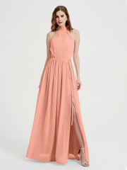 High Neck Chiffon Kleider mit Schlitz und Schleife Schärpe Papaya