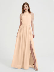 High Neck Chiffon Kleider mit Schlitz und Schleife Schärpe Pfirsich