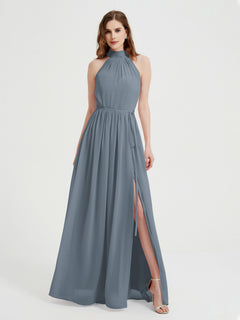 High Neck Chiffon Kleider mit Schlitz und Schleife Schärpe Schieferblau