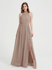 High Neck Chiffon Kleider mit Schlitz und Schleife Schärpe Taupe