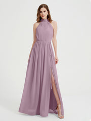 High Neck Chiffon Kleider mit Schlitz und Schleife Schärpe Vintage Mauve