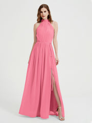 High Neck Chiffon Kleider mit Schlitz und Schleife Schärpe Wassermelone