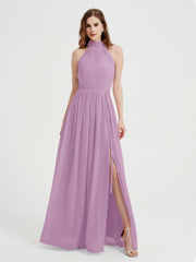 High Neck Chiffon Kleider mit Schlitz und Schleife Schärpe Blauregen