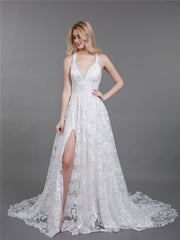 Spitze Brautkleid mit niedrigem Rücken und Schlitz Champagner