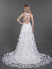 Spitze Brautkleid mit niedrigem Rücken und Schlitz Champagner