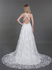 Spitze Brautkleid mit niedrigem Rücken und Schlitz Elfenbein