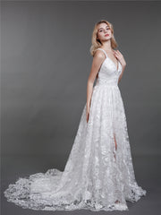 Spitze Brautkleid mit niedrigem Rücken und Schlitz Weiß