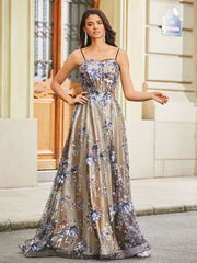 Blumen Applique Satin Tüll A-Linie Kleid mit Pailletten Schwarz