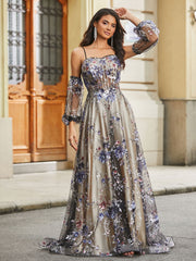 Blumen Applique Satin Tüll A-Linie Kleid mit Pailletten Schwarz