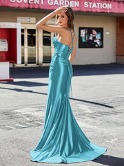 Plissee Korsett Oberteil Eingebaut Satin Kleid Tealgrün