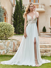 Chiffon Spitze A-Linie Brautkleid mit Knöpfen Champagner