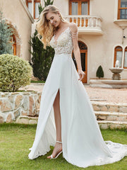 Chiffon Spitze A-Linie Brautkleid mit Knöpfen Elfenbein