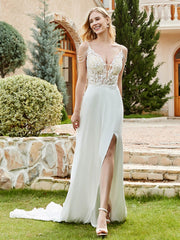 Chiffon Spitze A-Linie Brautkleid mit Knöpfen Weiß
