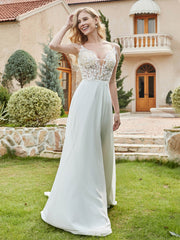 Chiffon Spitze A-Linie Brautkleid mit Knöpfen Weiß