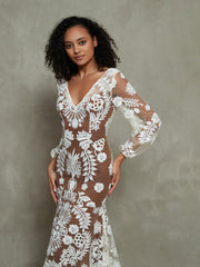 Lange Ärmel Elfenbein Spitze Tief Nude Futter Boho Kleider As Pictures