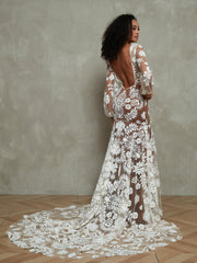 Lange Ärmel Elfenbein Spitze Tief Nude Futter Boho Kleider As Pictures